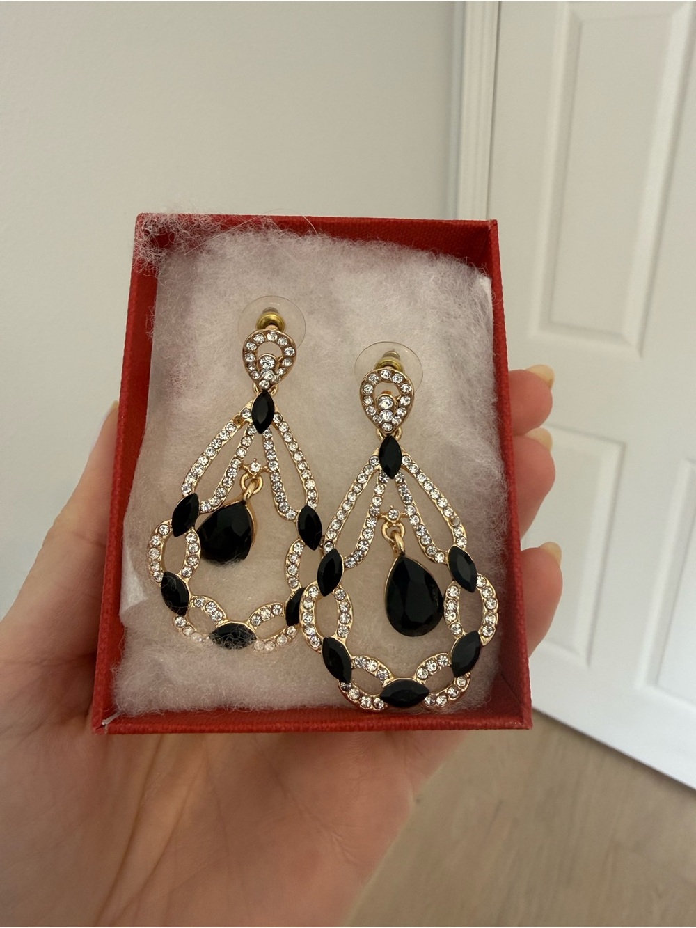 Gold & Black Crystal Teardrop Statement Earrings